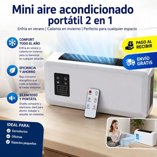 Mini aire acondicionado portátil 2 en 1 + 2 Soportes + 1 Mando + 1 Barra metálica + 1 Set tornillos